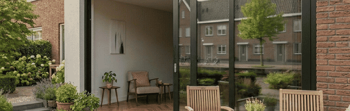 Schuifpui bij een woning met lage overgang naar de tuin.