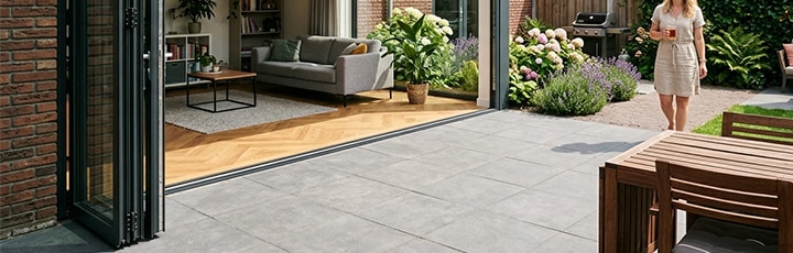 Zwarte aluminium harmonicadeur naar terras in moderne omgeving.